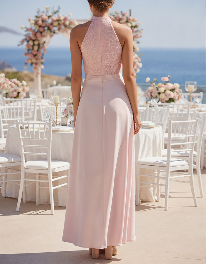 Rosa Chiffon Maxi-Kleid mit Spitzenbesatz