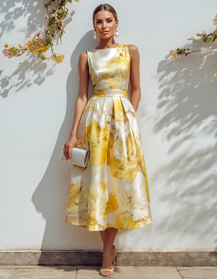 Gelbes Satin Kleid mit Blumenmuster, tailliertem Bund und weitem Midi-Rock