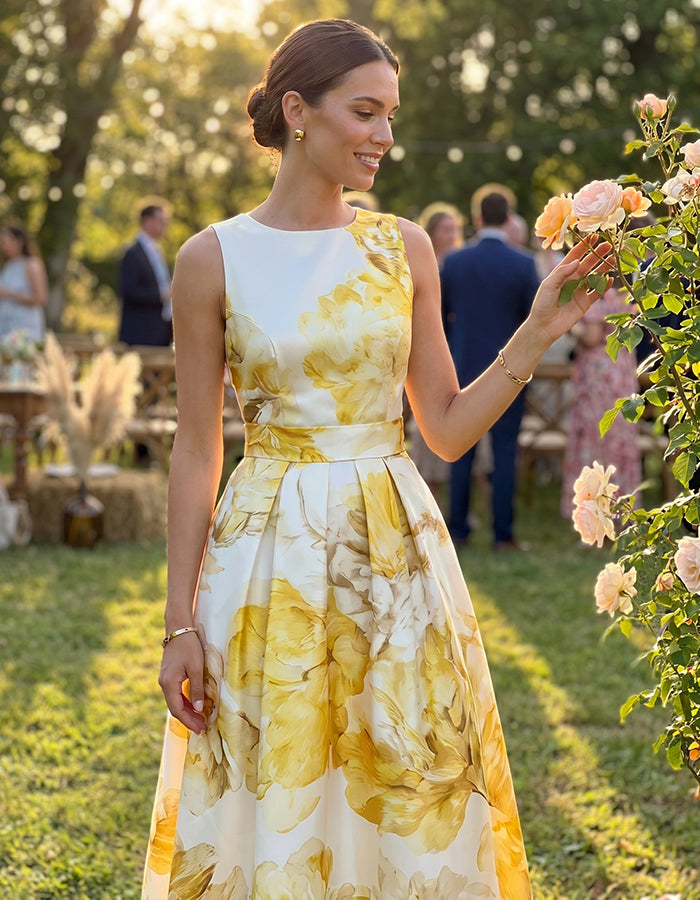 Vestido Midi de Cetim Amarelo com Estampa Floral, Cintura Ajustada e Saia Larga