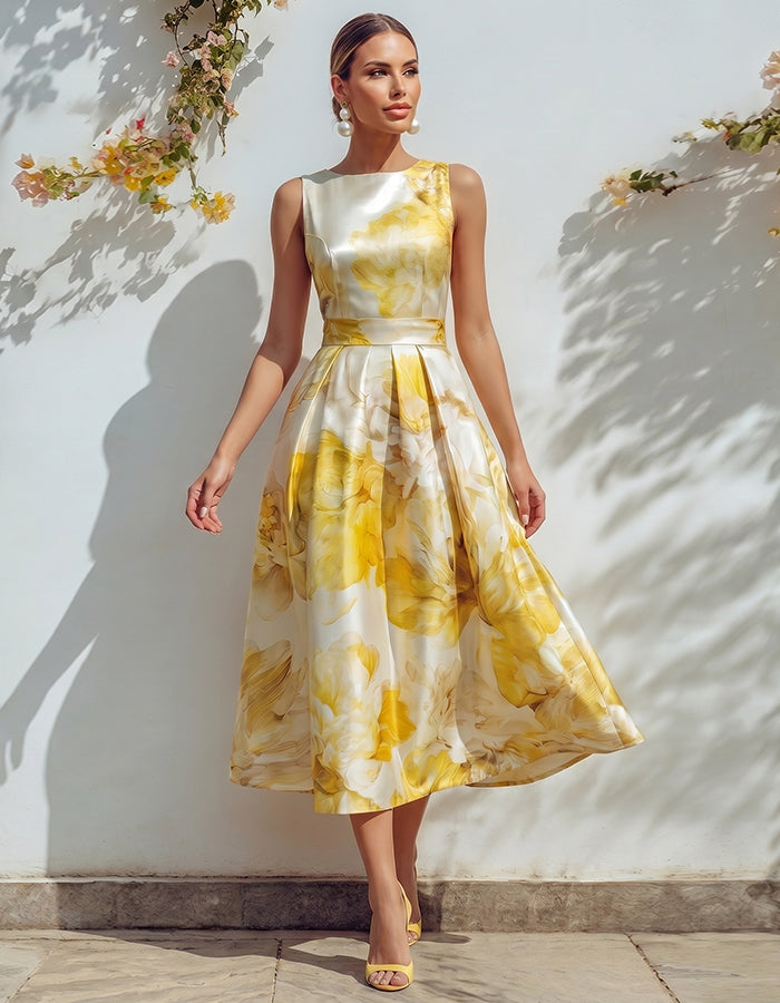 Vestido Midi de Cetim Amarelo com Estampa Floral, Cintura Ajustada e Saia Larga