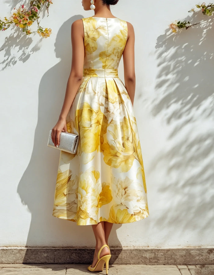 Vestido Midi de Cetim Amarelo com Estampa Floral, Cintura Ajustada e Saia Larga