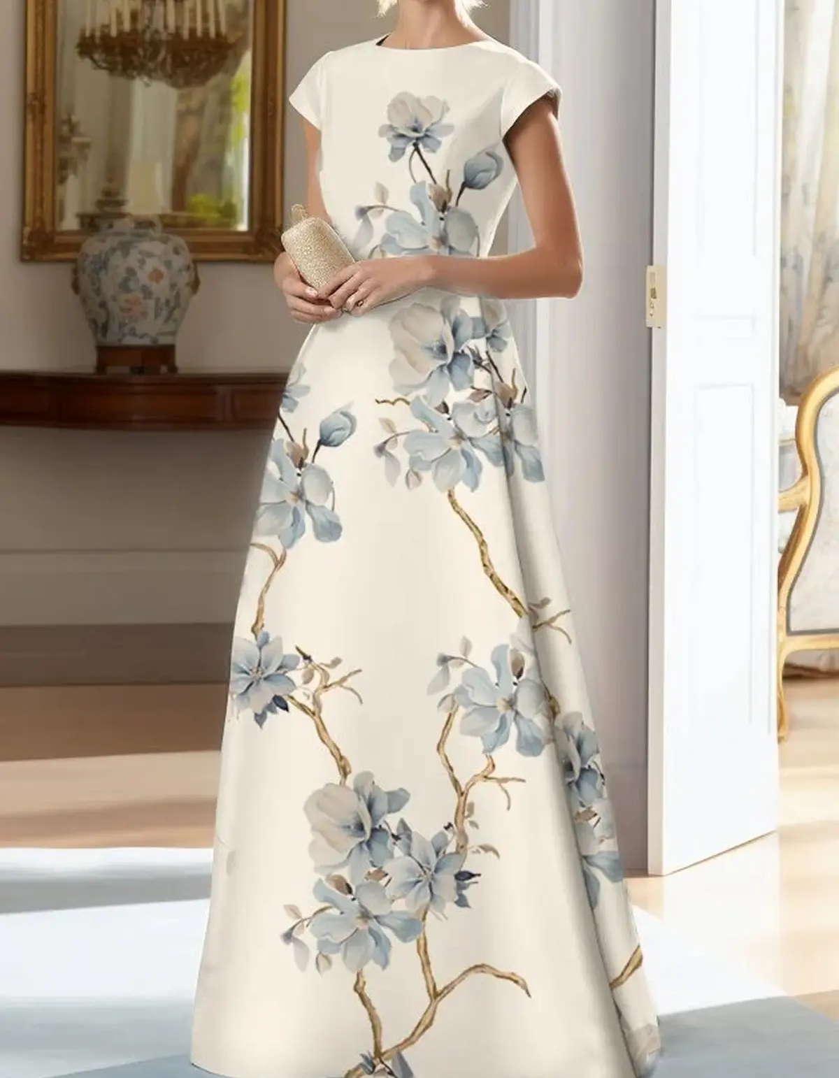 Rochie maxi albă din satin cu imprimeu floral