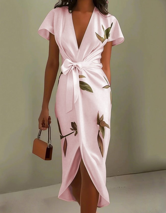 Satin Leaf Print V-Neck Tie-Waist Midi Dress