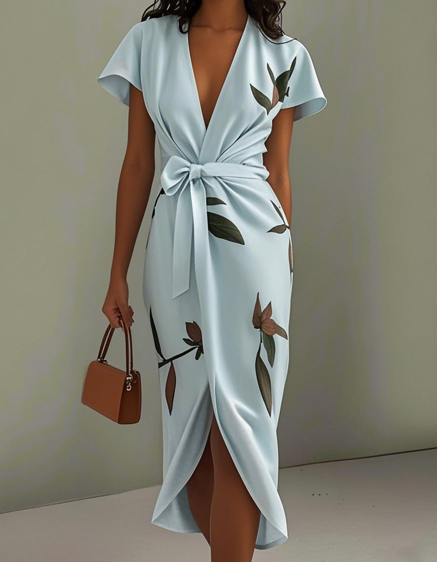 Satin Leaf Print V-Neck Tie-Waist Midi Dress