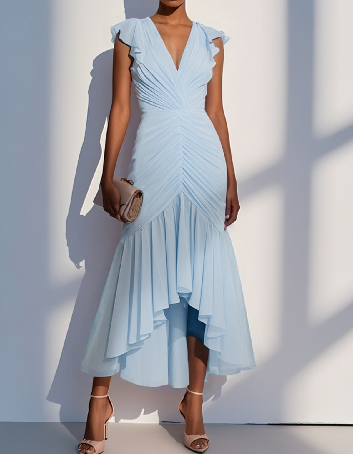 Chiffon V-Neck Fitted Waist Midi Dress