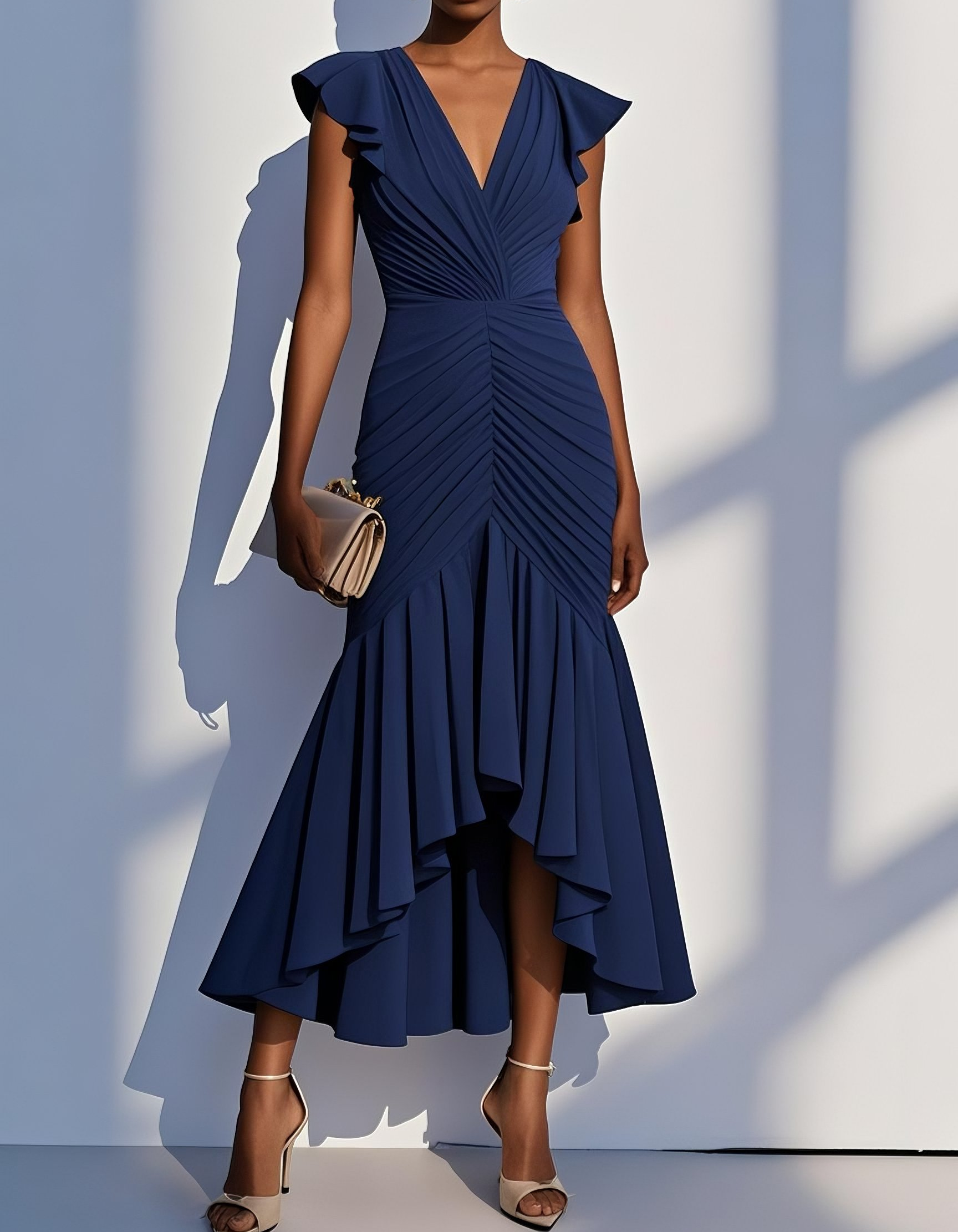 Chiffon V-Neck Fitted Waist Midi Dress