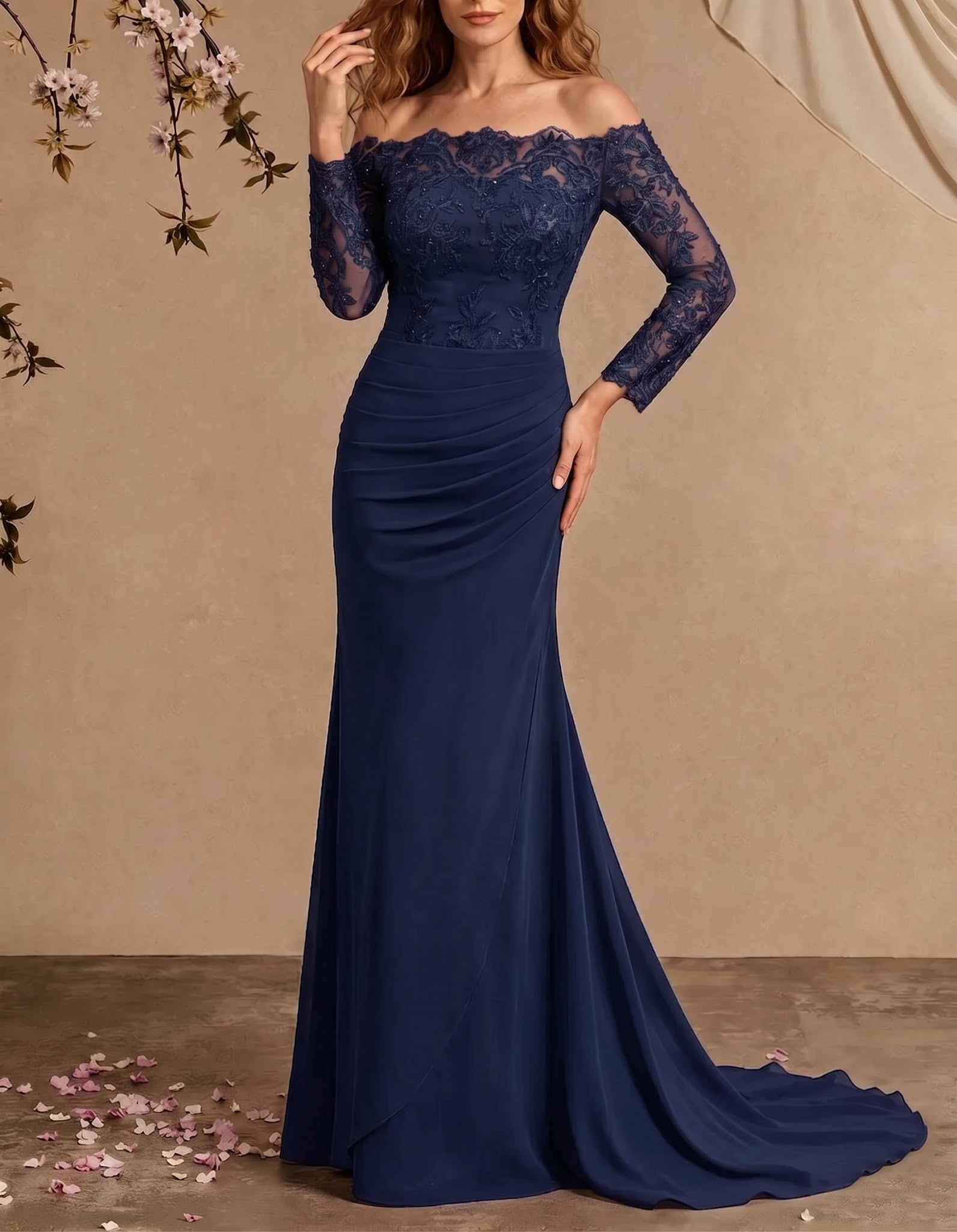 Vestido maxi de gasa con encaje bordado, hombros descubiertos y cola de pez