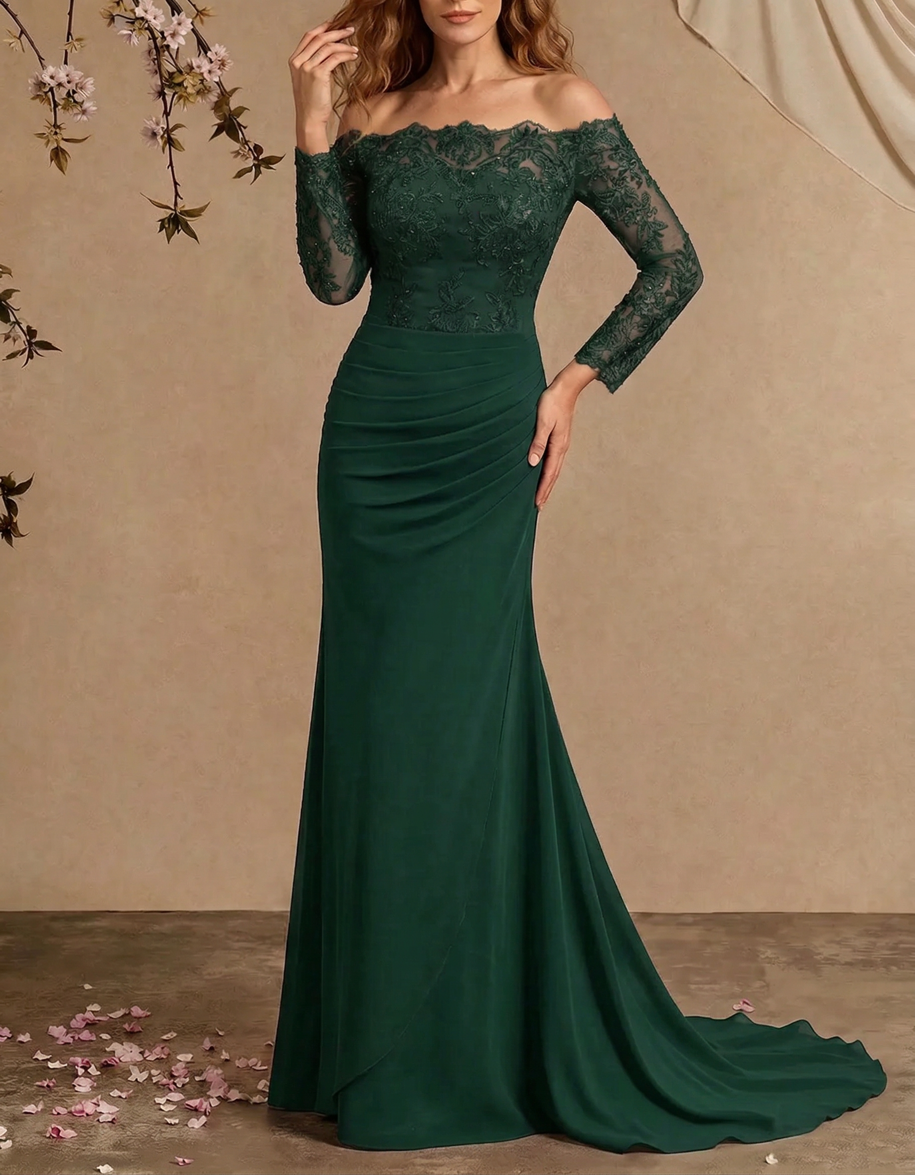 Vestido maxi de gasa con encaje bordado, hombros descubiertos y cola de pez