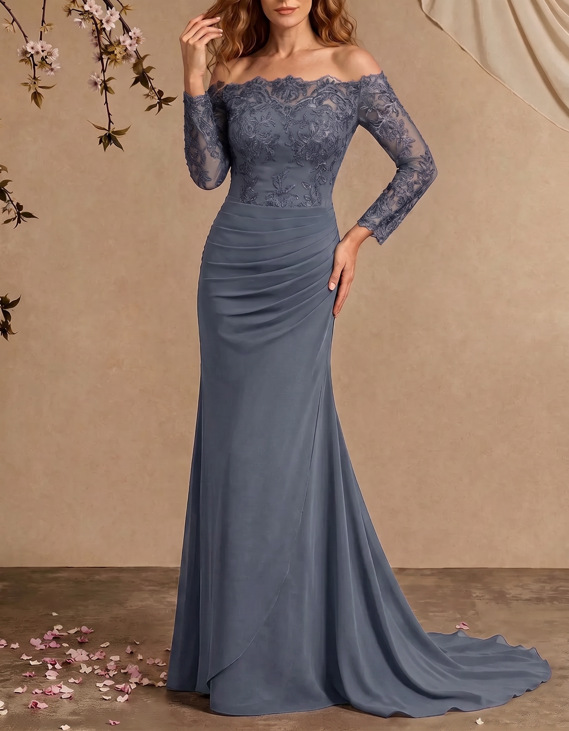 Vestido maxi de gasa con encaje bordado, hombros descubiertos y cola de pez