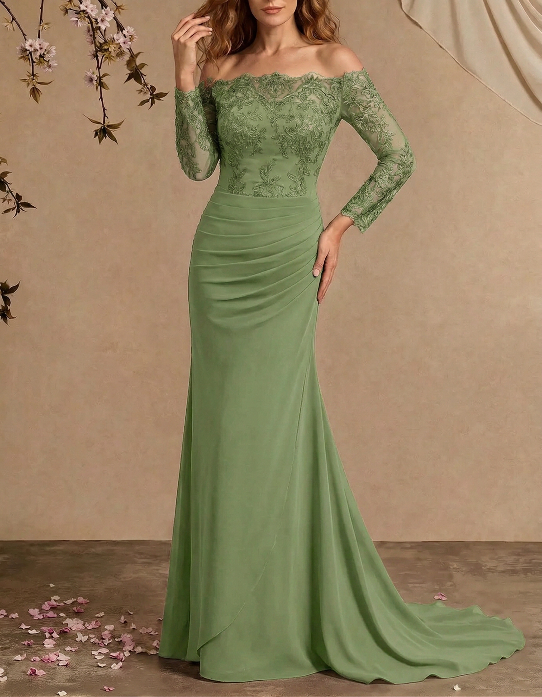 Vestido maxi de gasa con encaje bordado, hombros descubiertos y cola de pez