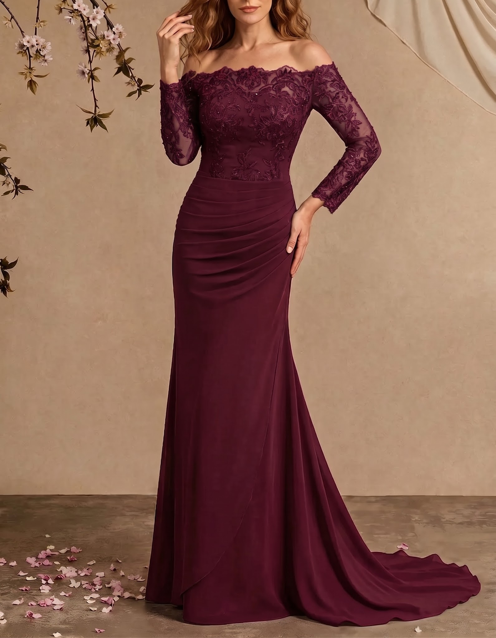 Vestido maxi de gasa con encaje bordado, hombros descubiertos y cola de pez