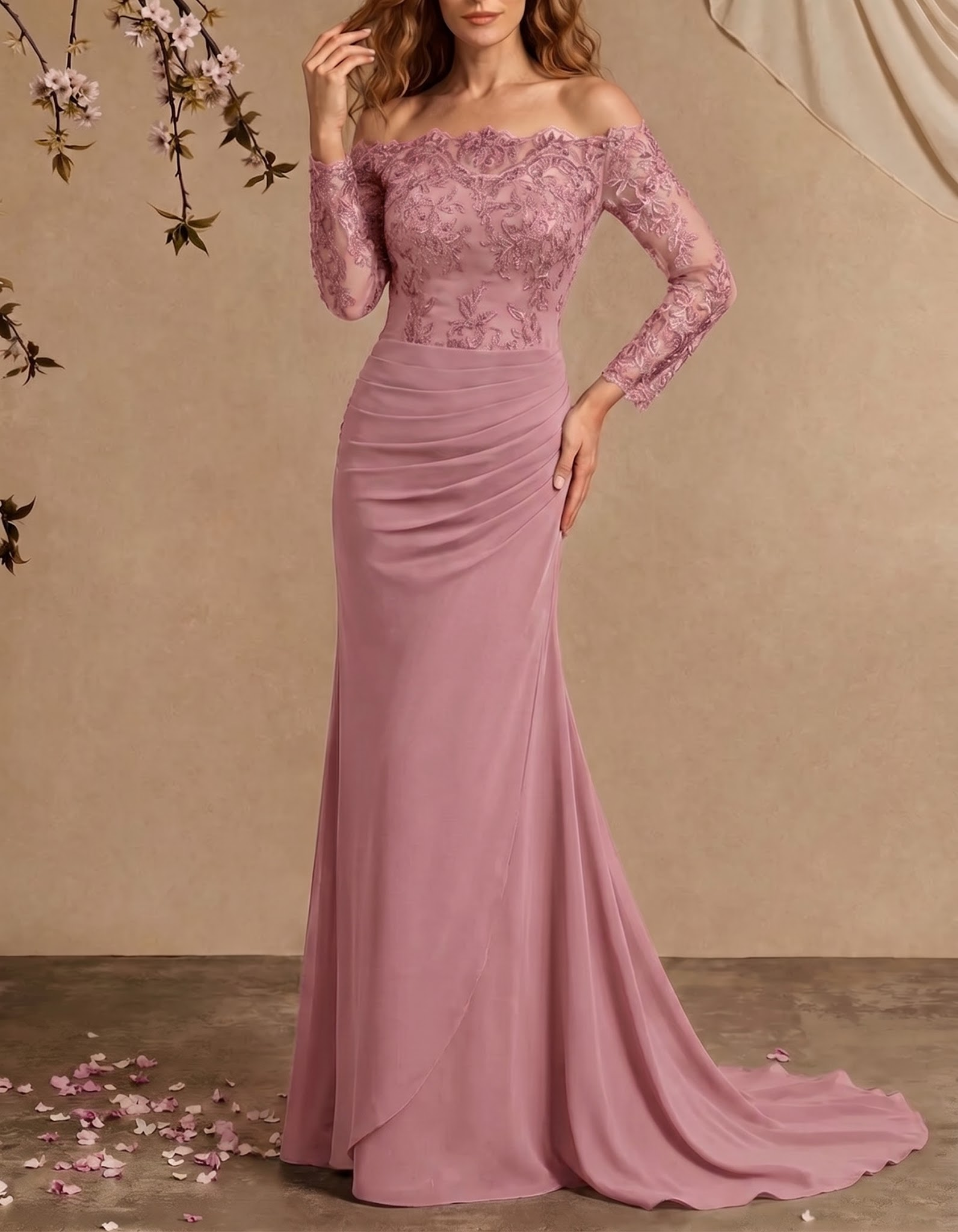 Vestido maxi de gasa con encaje bordado, hombros descubiertos y cola de pez