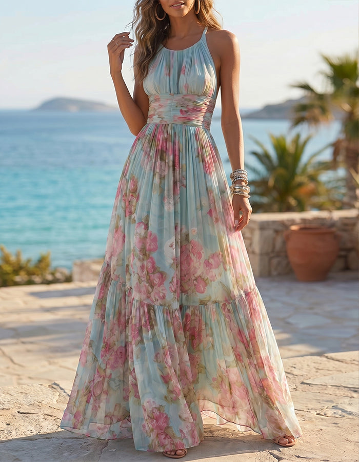 Abito lungo in chiffon azzurro ghiaccio con stampa di rose acquerellate e collo all'americana