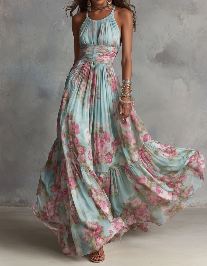 Eisblaues Aquarell Rosenmuster Neckholder Chiffon Maxi-Kleid