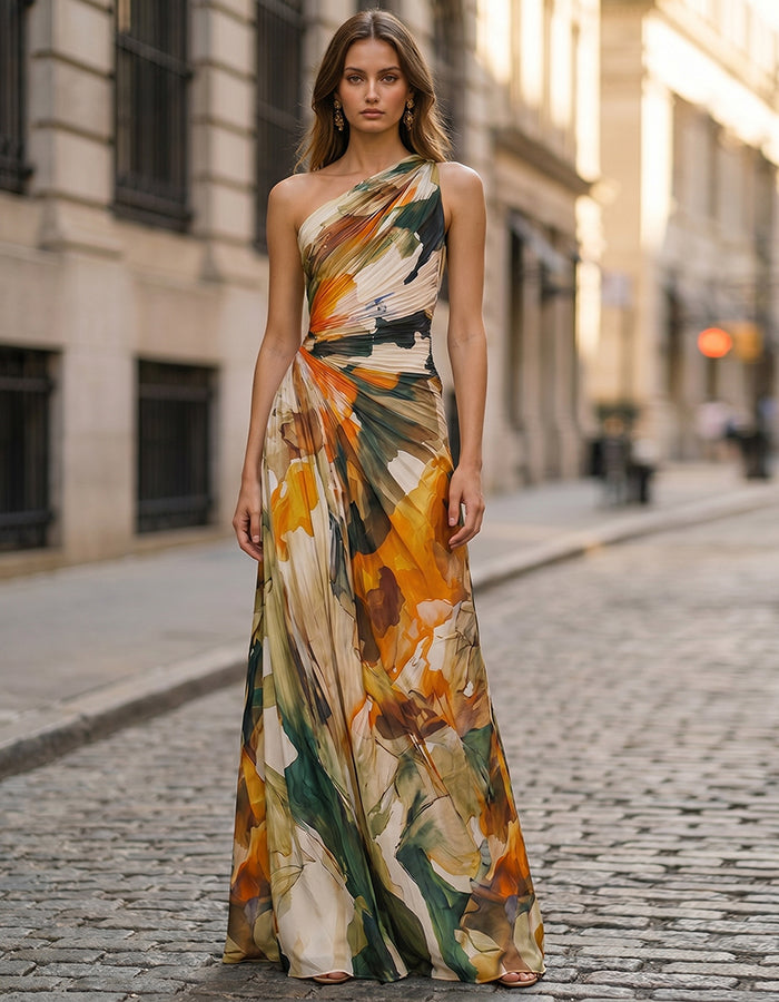 Rochie maxi din chiffon cu imprimeu floral portocaliu și verde în stil pictură în ulei, o singură bretea