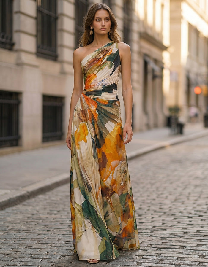 Rochie maxi din chiffon cu imprimeu floral portocaliu și verde în stil pictură în ulei, o singură bretea