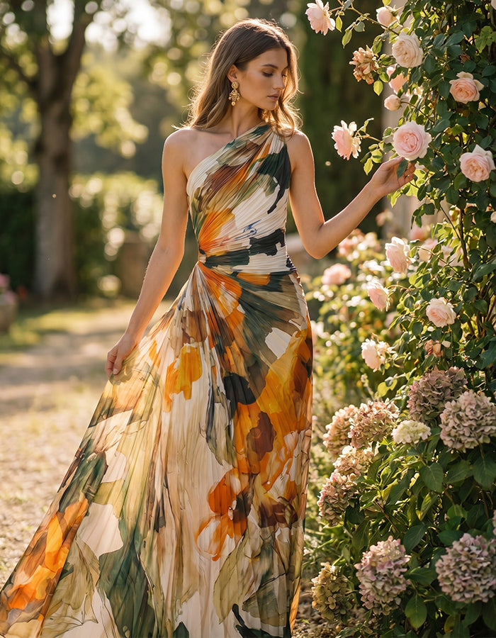 Rochie maxi din chiffon cu imprimeu floral portocaliu și verde în stil pictură în ulei, o singură bretea