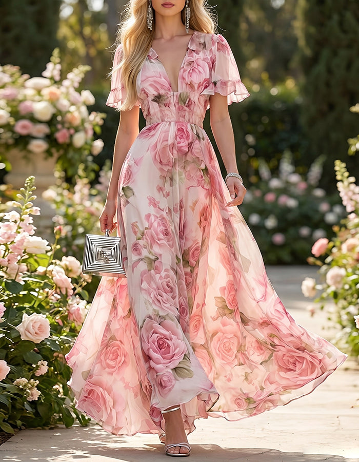 Vestido maxi de gasa con estampado de rosas rosa y escote en V  