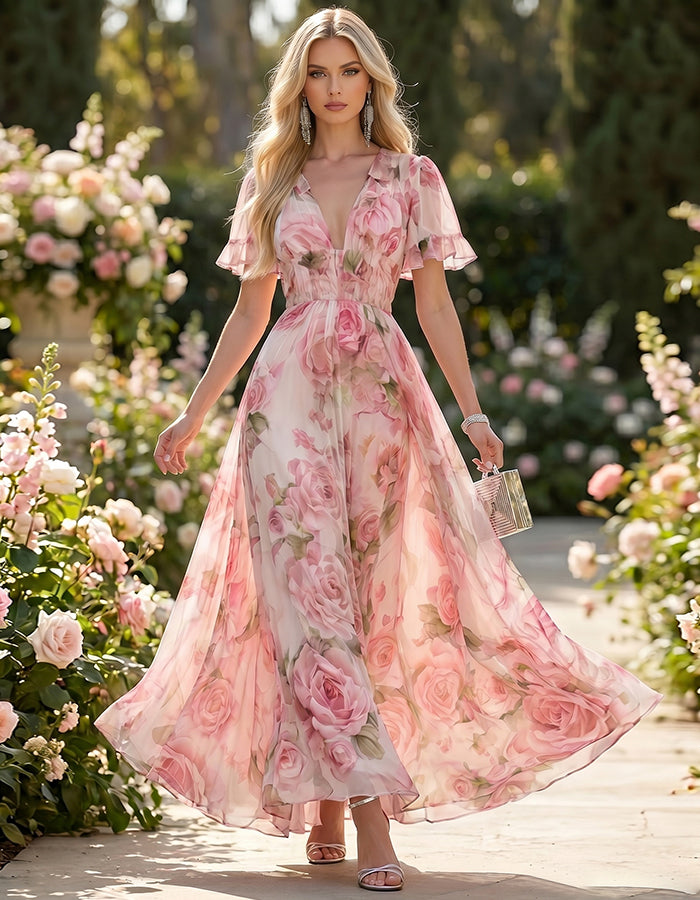 Abito lungo in chiffon rosa con stampa di rose e scollo a V