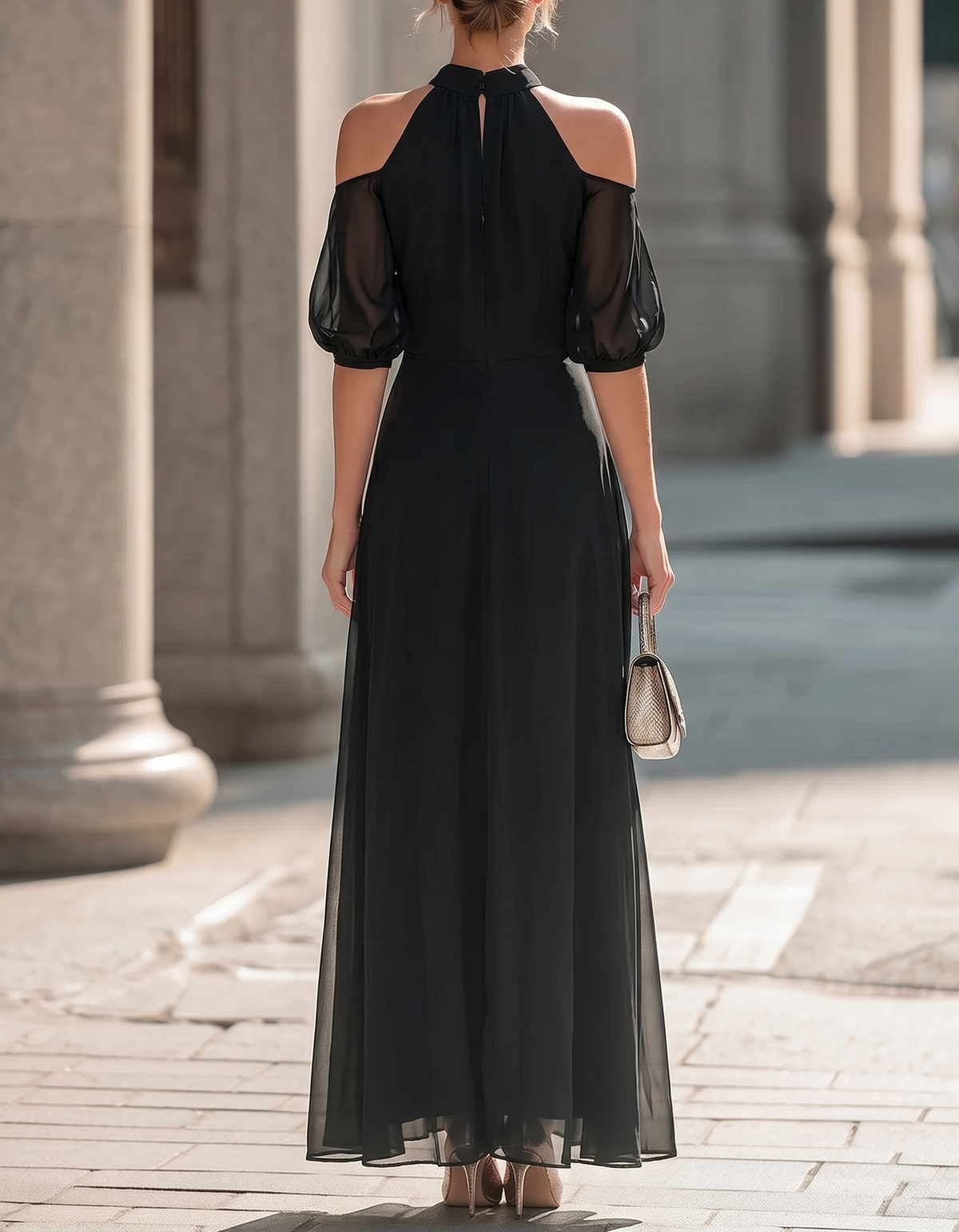 Black Chiffon Off-Shoulder Fitted Maxi Dress