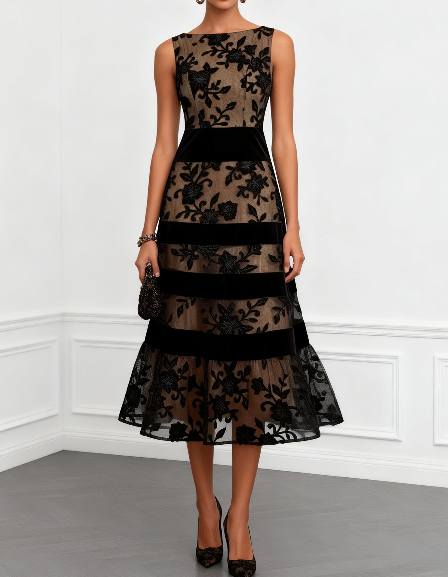 Black Mesh Velvet Jacquard Fitted Midi Dress