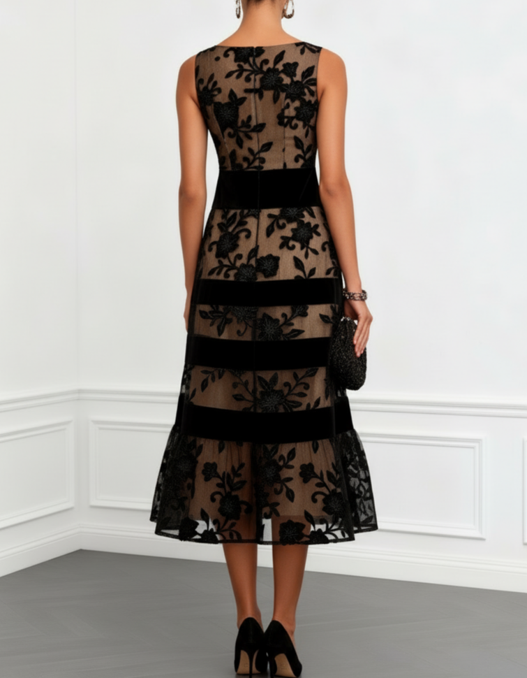 Black Mesh Velvet Jacquard Fitted Midi Dress