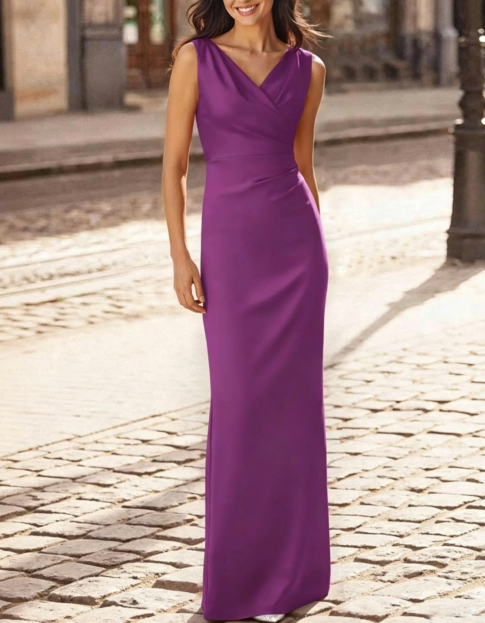 Satin V-neck fitted waist slit straight maxi dress