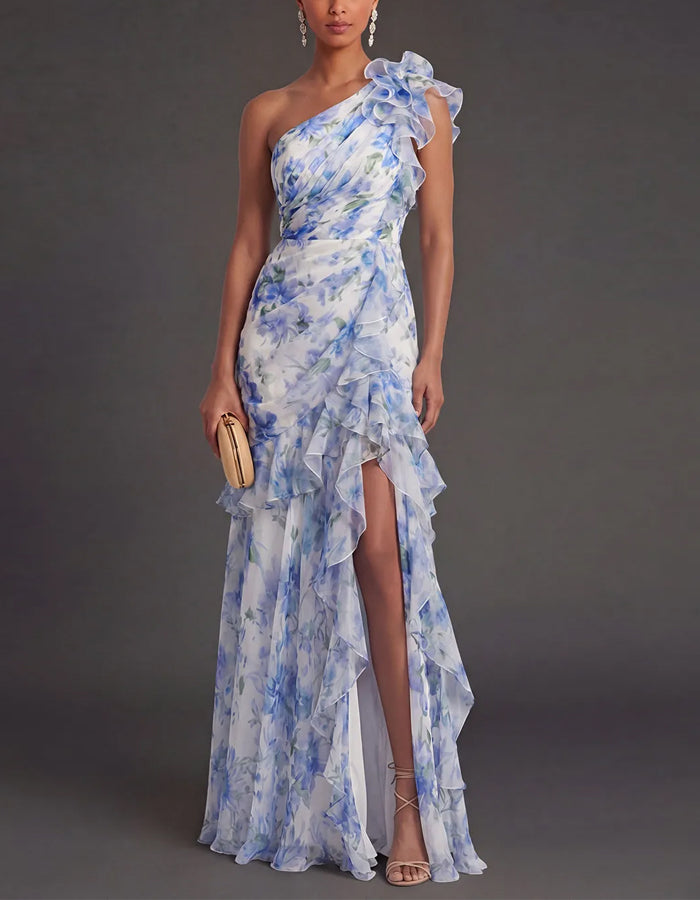 Blue Watercolor Floral One Shoulder Chiffon Slits Maxi Dress
