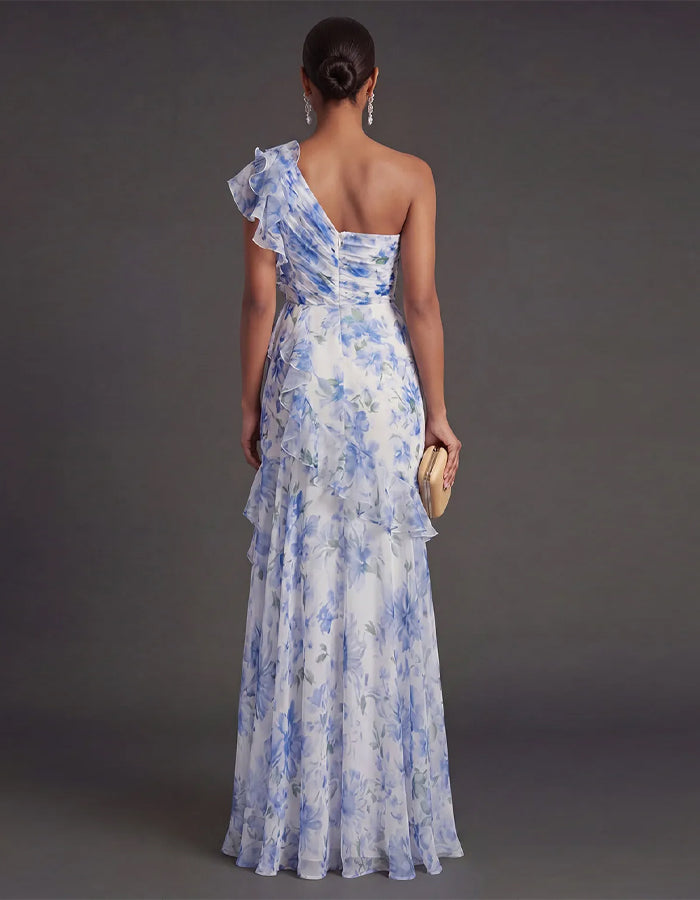 Blue Watercolor Floral One Shoulder Chiffon Slits Maxi Dress