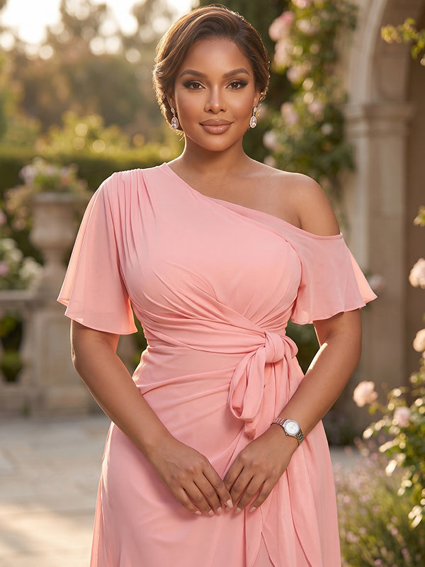 Roze off-shoulder asymmetrische chiffon maxi-jurk met ruches