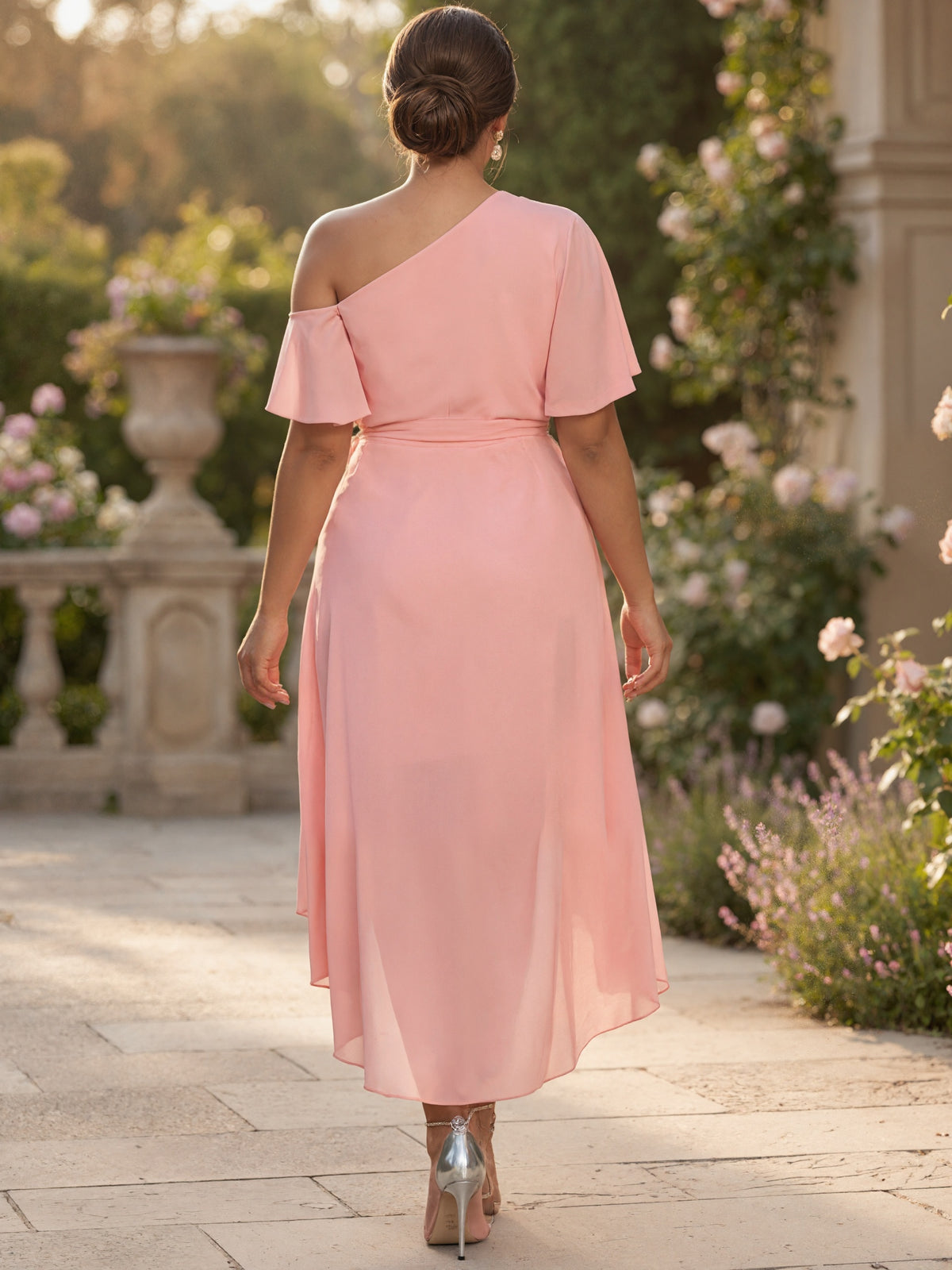 Roze off-shoulder asymmetrische chiffon maxi-jurk met ruches