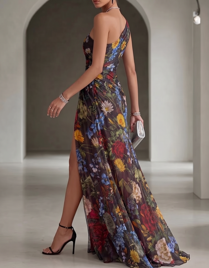 Dunkles bedrucktes Chiffon-Maxikleid mit einem Schulterriemen