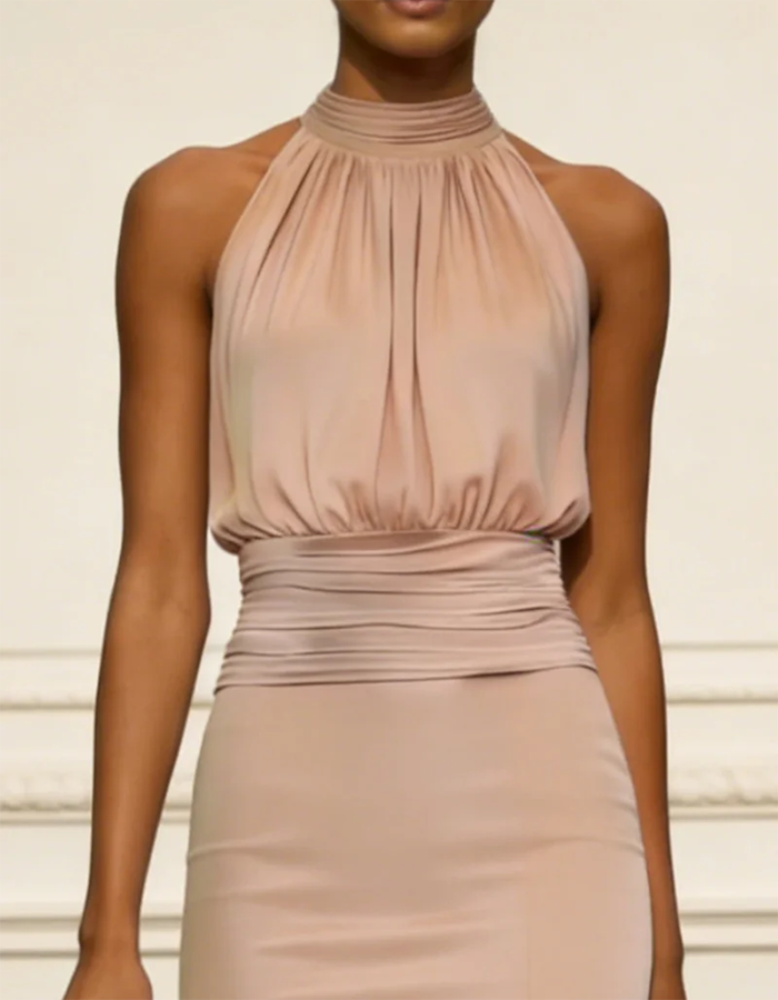 Μίντι φόρεμα γοργόνα με halter neck και ραβδώσεις στη μέση σε βερίκοκο