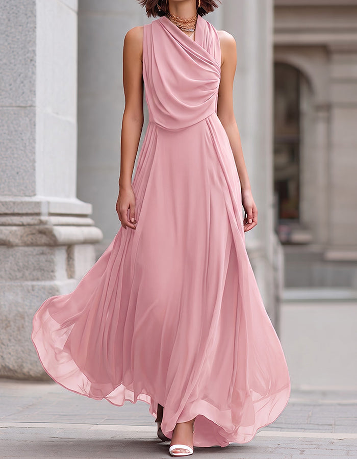 Chocolate Draped Cowl Neck Chiffon Maxi Dress