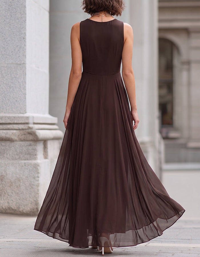Schokoladenfarben drapiertes Wasserfallausschnitt Chiffon Maxikleid