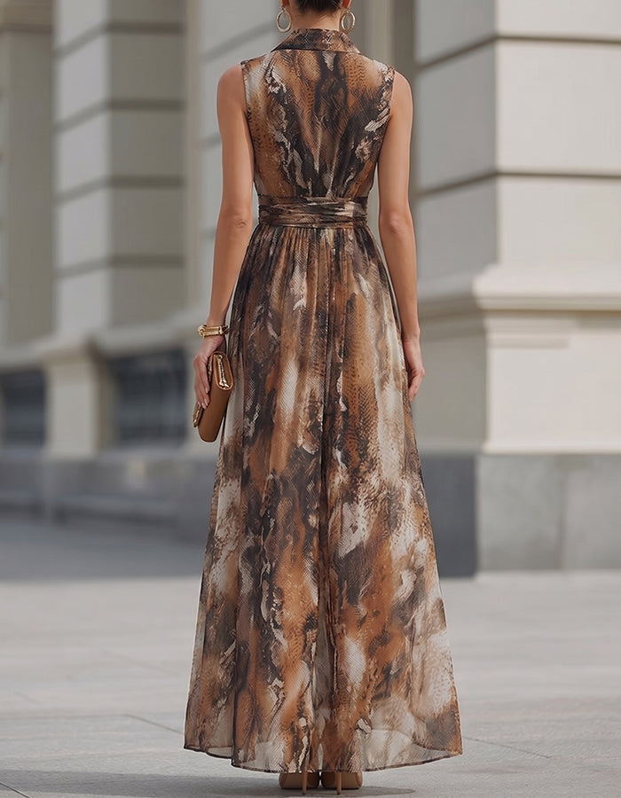 Brown Marble Print Sleeveless V-Neck Chiffon Maxi Dress