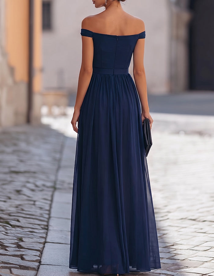 Navy Blue Off-the-Shoulder Bow Chiffon Maxi Dress
