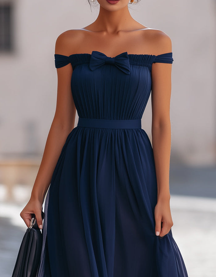 Navy Blue Off-the-Shoulder Bow Chiffon Maxi Dress