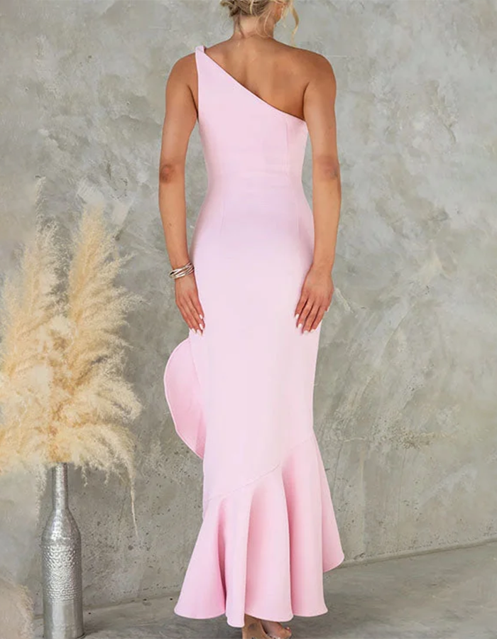 Robe midi rose blush à une épaule avec volant et ourlet asymétrique