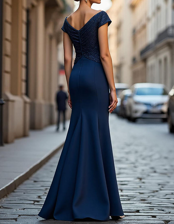 Vestido maxi sirena azul marino con escote off-the-shoulder, panel brillante y volantes asimétricos