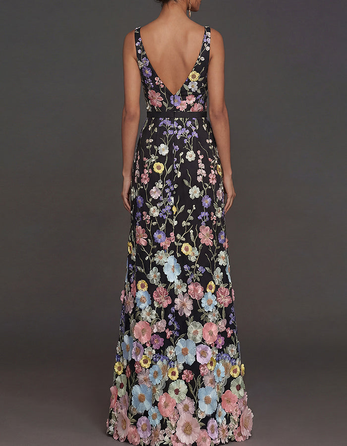 Black Deep V-Neck 3D Multicolor Floral Embroidered Column Maxi Dress