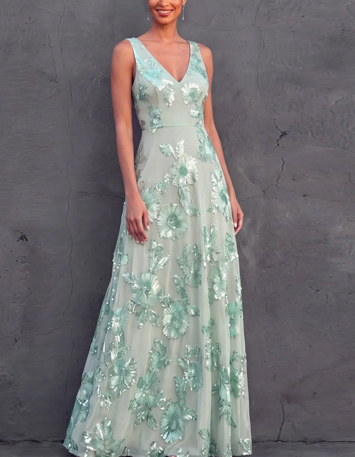 Minzgrünes Mesh Maxikleid mit Blumenmuster, V-Ausschnitt und ärmellos