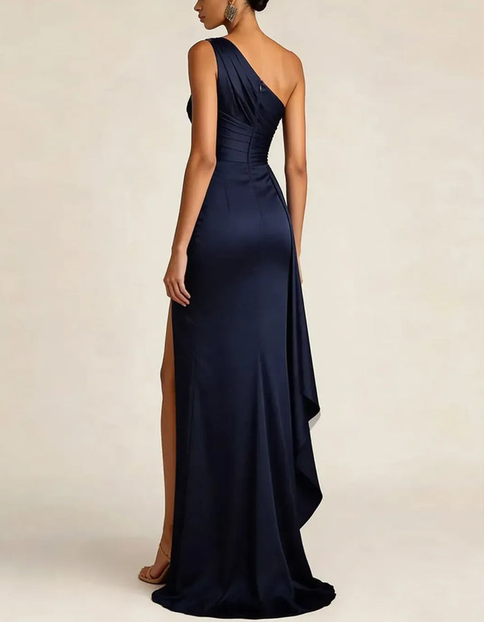 Solid Color Satin One Shoulder Twist Waist Cinched Slit Maxi Dress