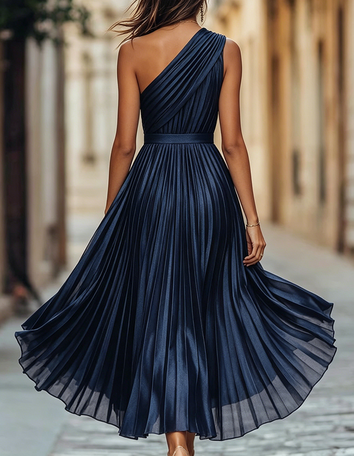 Marineblau Ein-Schulter plissiertes Satin asymmetrisches Midikleid