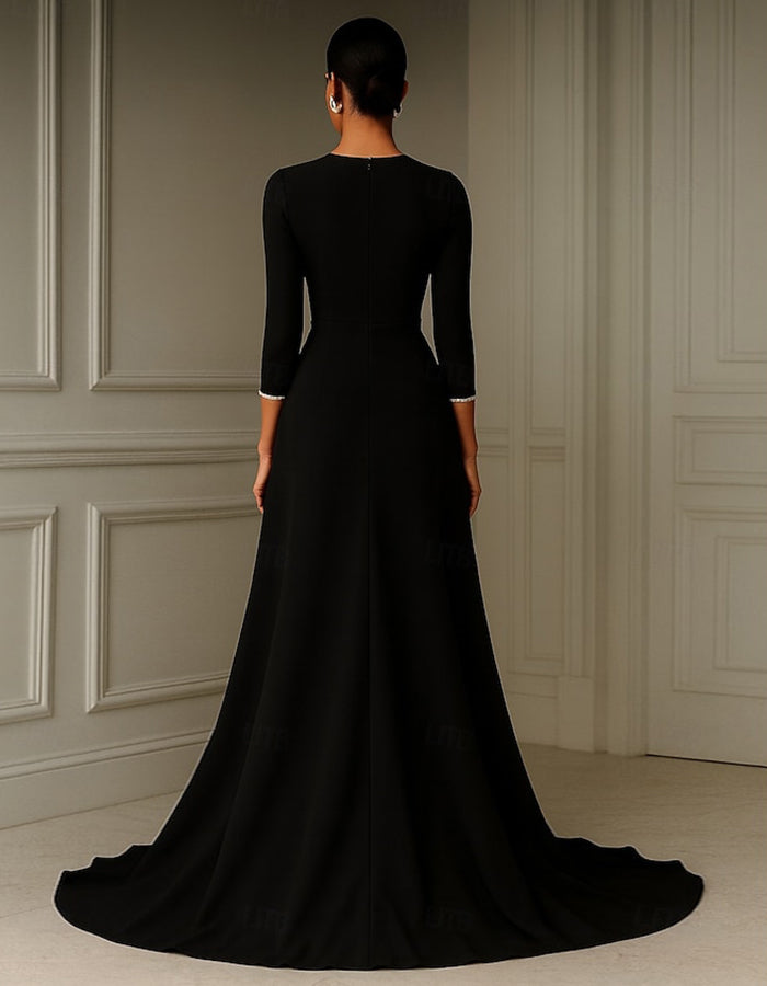 Robe longue unie à col en V profond avec volants, manches trois-quarts et lien à nouer  