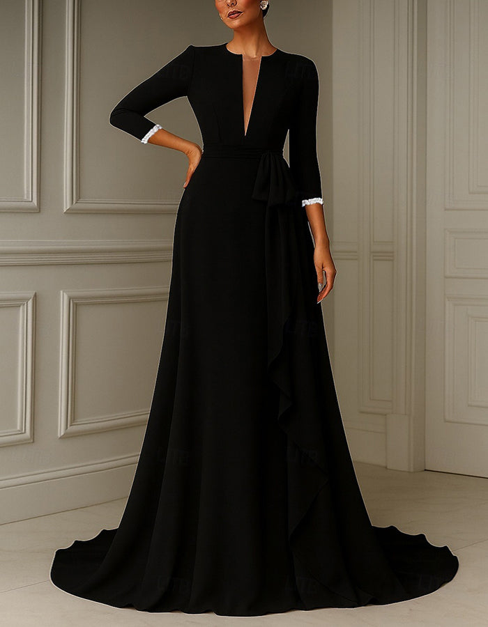Vestido Maxi de Cor Sólida com Decote Profundo em V, Folhos, Mangas Três-Quartos e Amarração