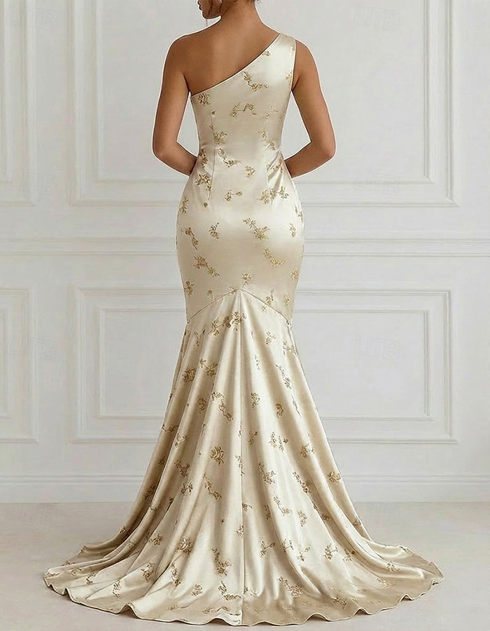 Solid Color Satin One Shoulder Knotted Floral Print Maxi Dress
