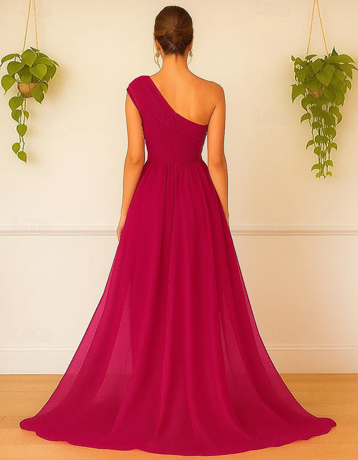 Solid Color Chiffon One Shoulder Twisted Ruffle Slit Maxi Dress
