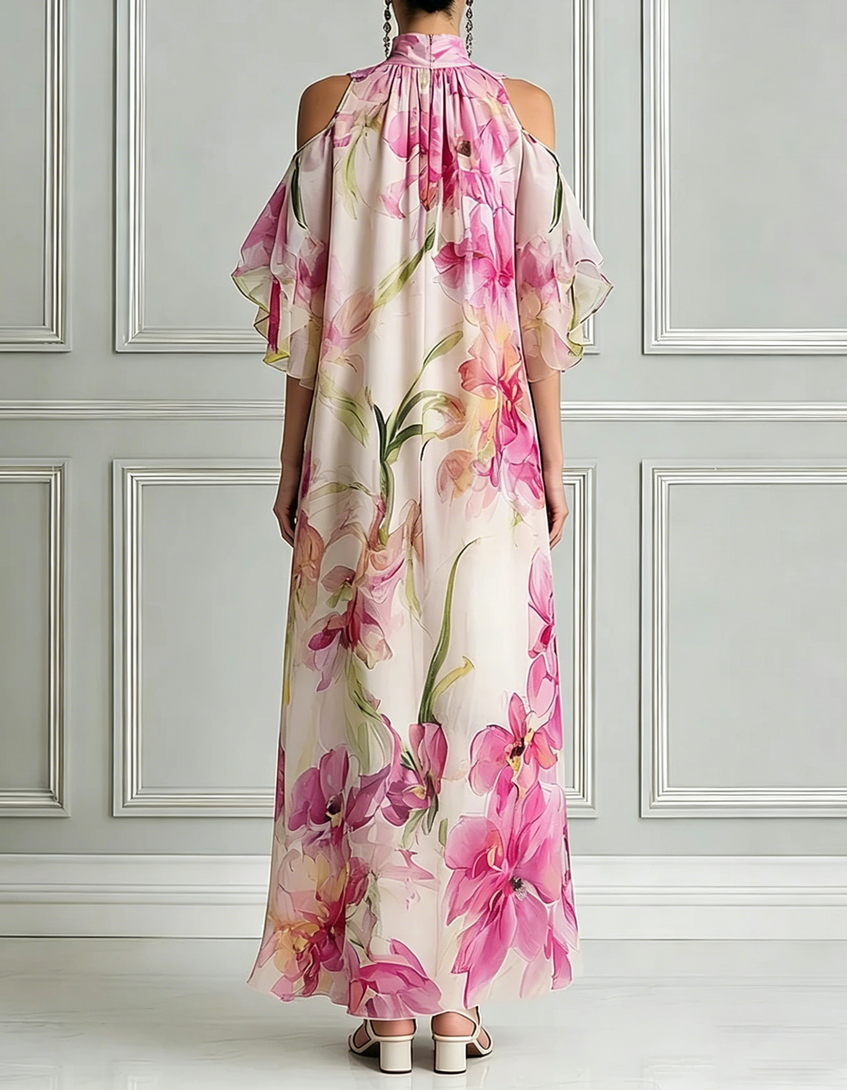 Rose Pink Chiffon Floral Print Halter Neck Off-Shoulder Maxi Dress