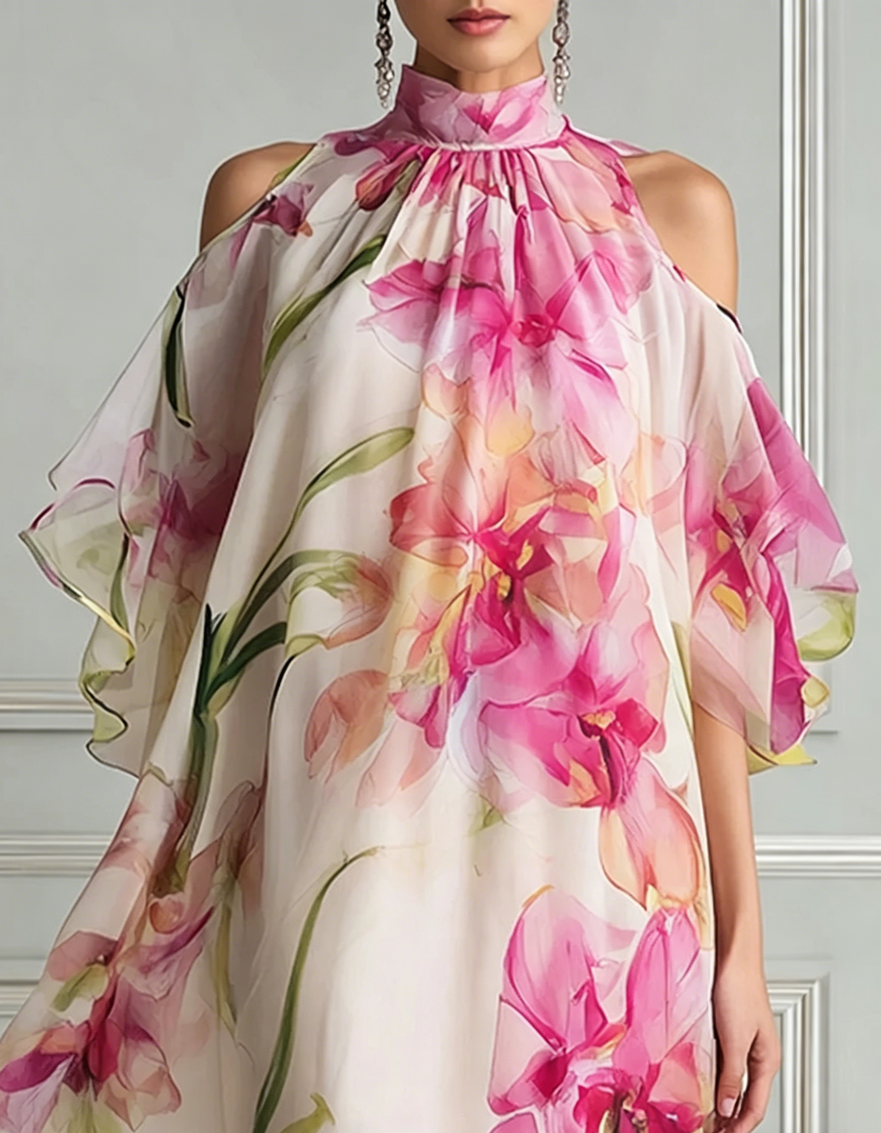 Rosa-pinkes Chiffon-Maxikleid mit Blumenmuster, Neckholder und schulterfrei